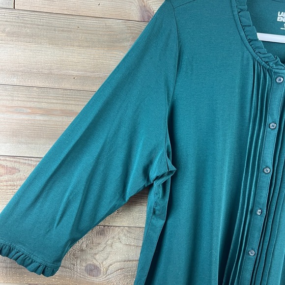 Lands End Womens Shirt 3/4 Sleee Button Up Jersey Ruffle Neck Pintuck Green XL - Picture 4 of 7